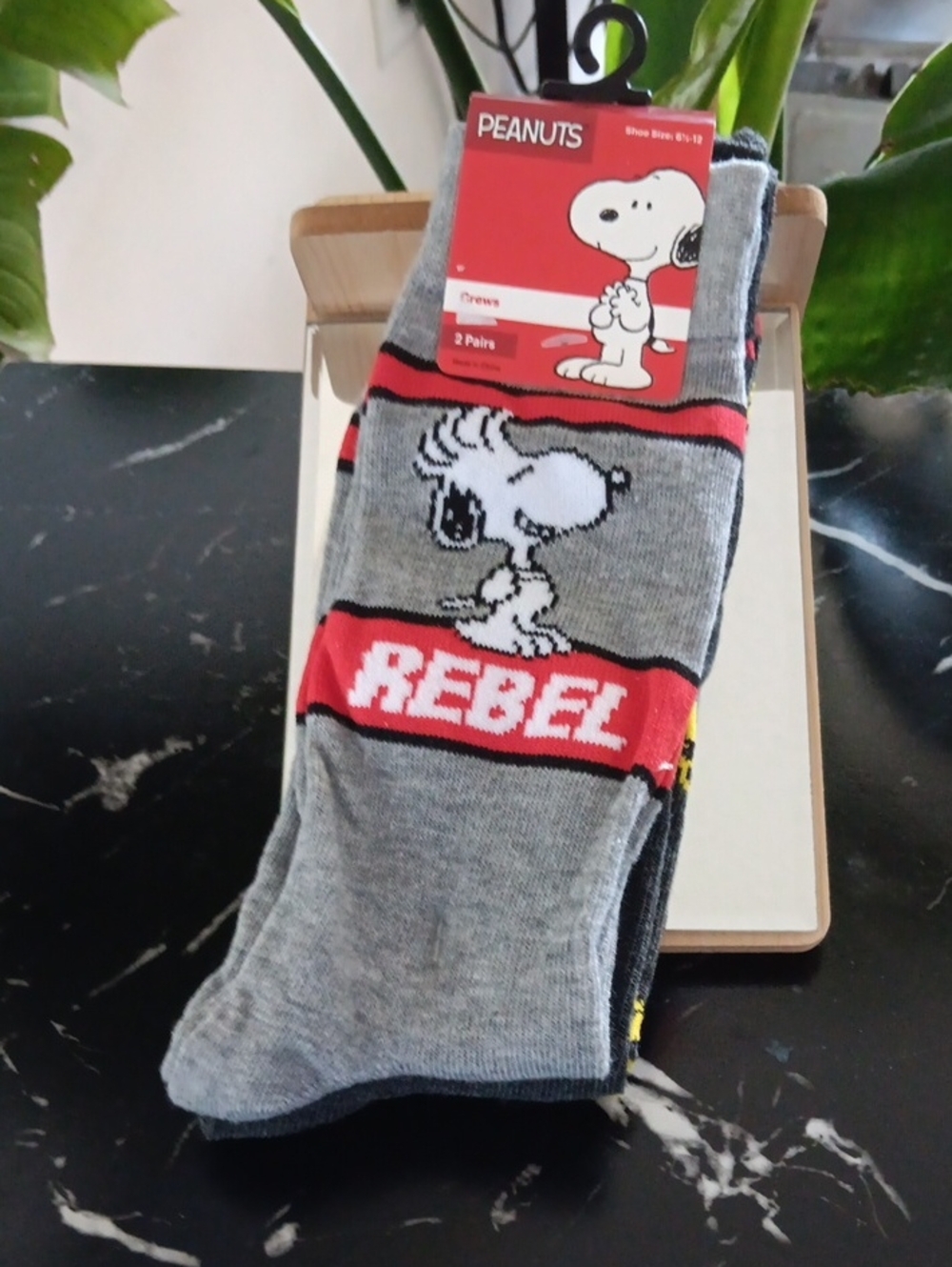 Peanuts Grey Crew Socks with Red Cuff and Yellow Woodstock Pattern Two Pair